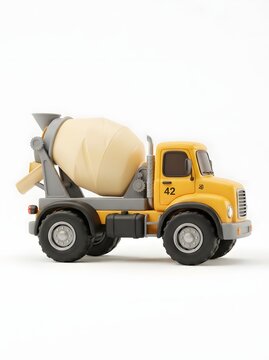 Yellow and gray toy cement mixer truck on a white background construction vehicle model