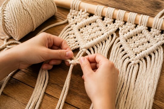 Hands craft macrame with gentle precision. Natural fibers twist around wooden dowel. Wooden surface adds rustic charm. Soft beige tones evoke calm and creativity