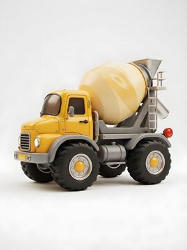 Yellow cement mixer truck illustration with large tires and detailed design on a white background