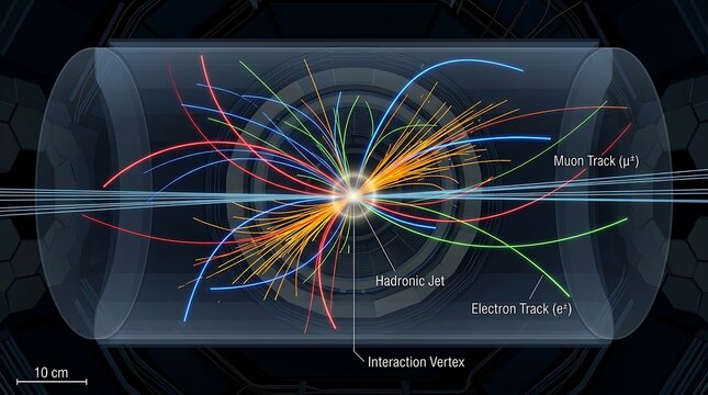 Scientific visualization of high energy particle collision event inside a large hadron collider detector experiment