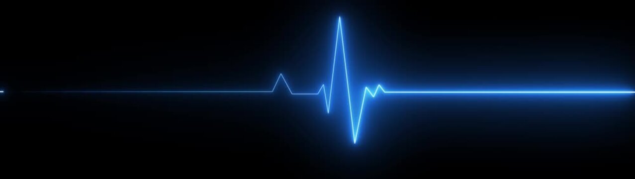 Blue electrocardiogram line on a black background representing a heartbeat Keywords: electrocardiogram, heartbeat, heart rate, pulse, motion graphic of heart beat concept 4k motion video
