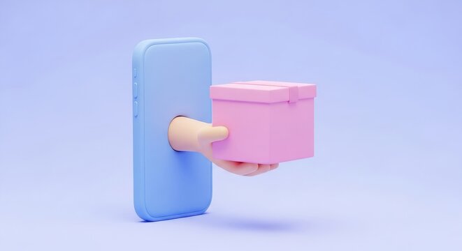 3D cartoon hand reaching out of a smartphone screen holding a box for online shopping and delivery