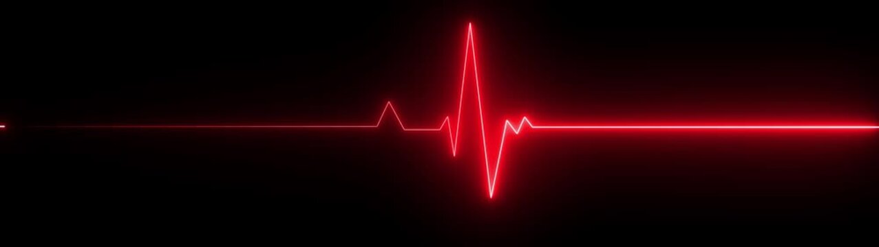Red electrocardiogram line on a black background representing a heartbeat Keywords: electrocardiogram, heartbeat, heart rate, pulse, motion graphic of heart beat concept 4k motion video