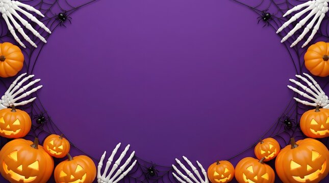Spooky Halloween background with pumpkins and skeletons