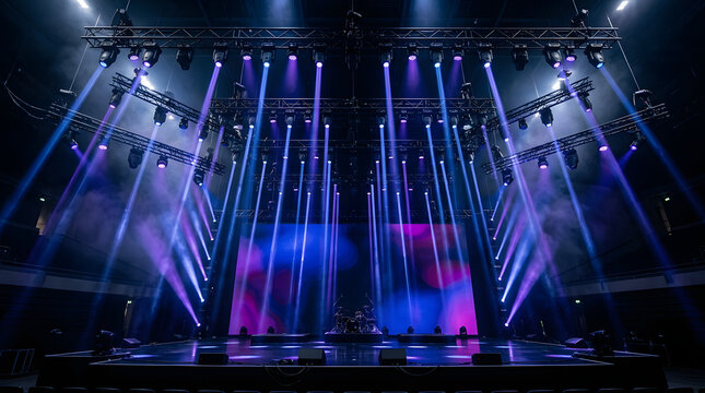 Concert stage with blue and purple lighting and beam effects