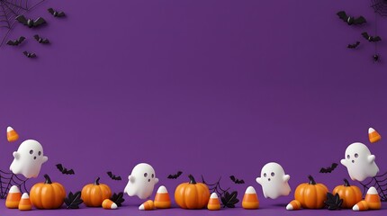 Fototapeta premium Halloween background with cute ghosts and pumpkins