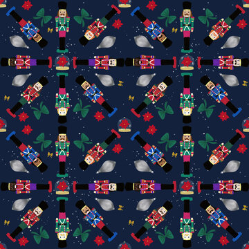 Christmas nutcracker and ornaments seamless pattern