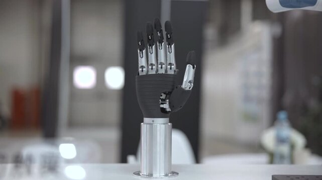 Robotic prosthetic hand on metal stand shifting finger positions in blurred indoor setting with cool neutral light, reflective surfaces, and calm high tech medical mood