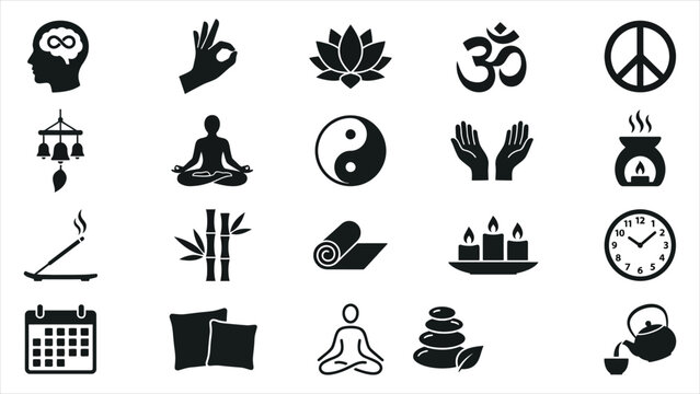 Yoga and Mindfulness Zen Solid Glyph Icon Set Featuring Meditation Wellness Spa Elements and Healing Spiritual Symbols.