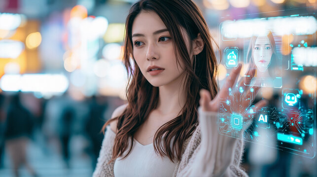 Taiwanese commuter making dismissive gesture toward holographic AI brain and microchip showing technology annoyance and digital overwhelm at night