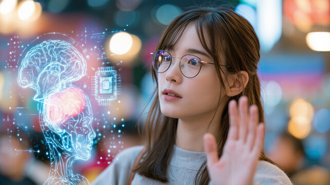 Taiwanese commuter making dismissive gesture toward holographic AI brain and microchip showing technology annoyance and digital overwhelm at night