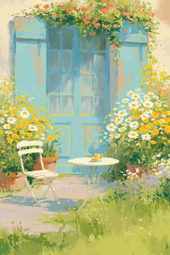 Impressionist painting showcasing a charming garden cafe setting with a blue door, colorful summer flowers, and a small table and chair