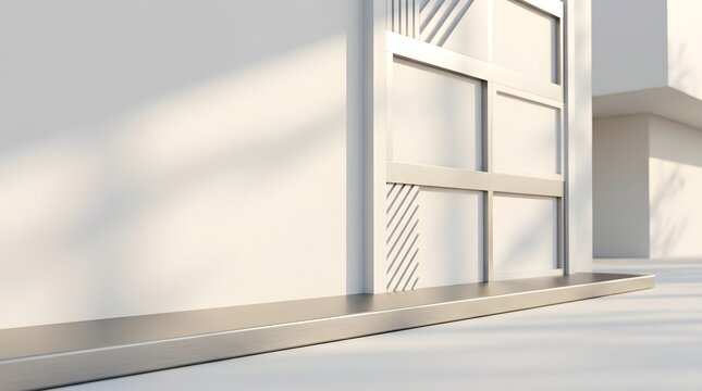 Modern minimalist white staircase with metal grid railing against clean wall