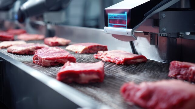 Modern automated meat sorting system, close up of different cuts being separated and categorized on a clean stainless steel conveyor, robotic arms