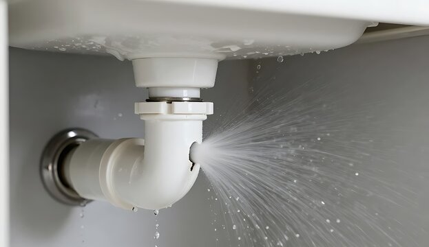 Urgent Plumbing Emergency Showing Water Leaking and Bursting Out from a Broken PVC Pipe Trap Underneath a Bathroom Sink Causing Property Damage and Requiring Professional Repair Services