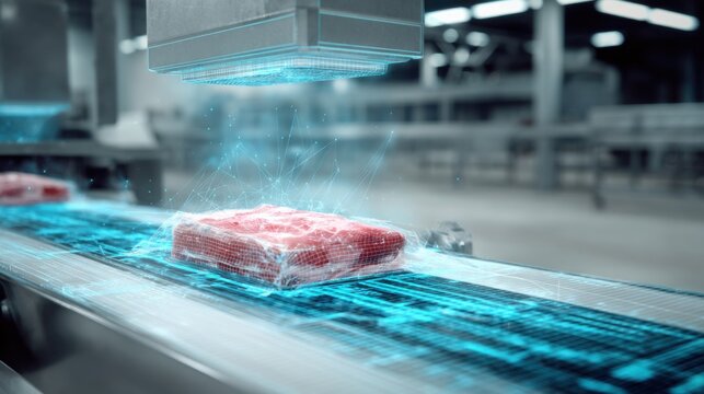 Modern meat processing facility with a close up of a packaged product passing beneath an advanced digital traceability scanner, glowing barcode