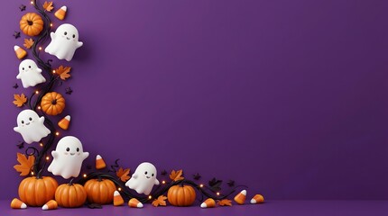 Fototapeta premium Halloween background with cute ghosts and pumpkins