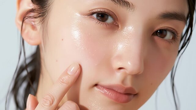 指先で頬を優しく押しながら肌の弾力とうるおいを確かめる女性