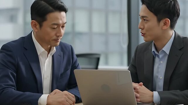 オフィスでタブレットの画面を指し示しながら熱心に意見を交わす二人のビジネスマン