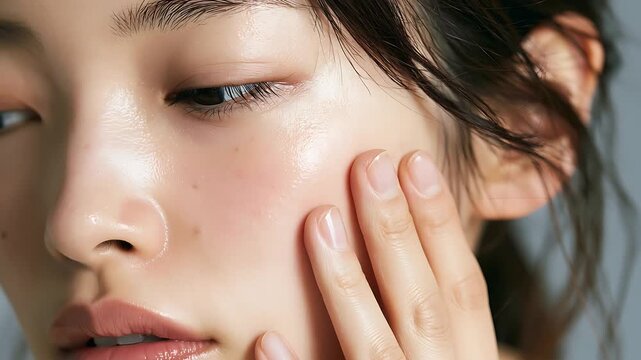 目を閉じて頬を指でなぞりながら吸い付くような肌の質感を確かめる女性の横顔