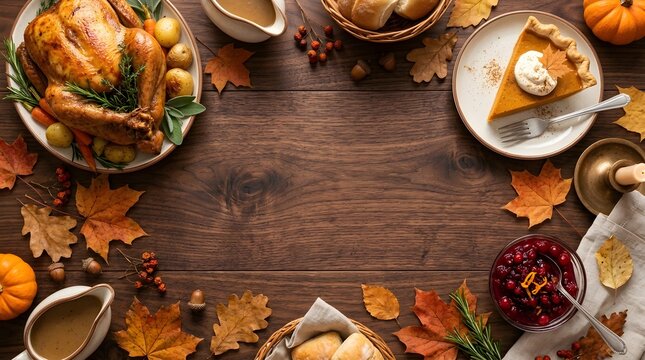 A bountiful and heartwarming thanksgiving feast showcasing a beautifully roasted turkey surrounded by classic side dishes and autumnal decorations celebrating gratitude and togetherness