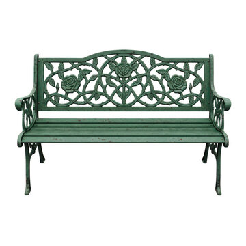 Vintage green metal garden bench with ornate floral pattern isolated on transparent background