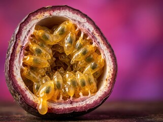 Naklejka premium Granadilla Passion Fruit Half with Juicy Seeds and Purple Rind