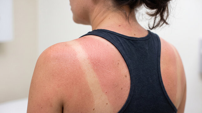 Severe Sunburn Marks and Tan Lines on Woman Back Skin Medical Dermatology Condition