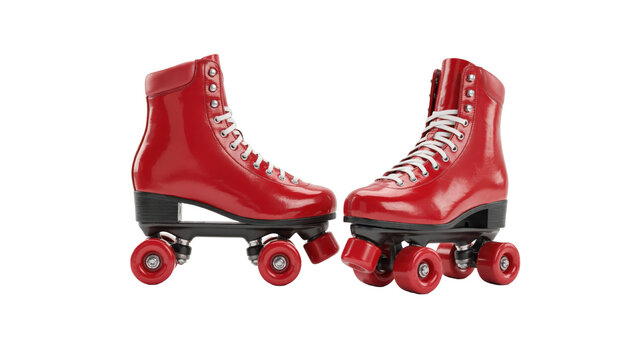 Pair of glossy red roller skates with white laces and four wheels, standing side by side on a plain surface isolated on a transparent background
