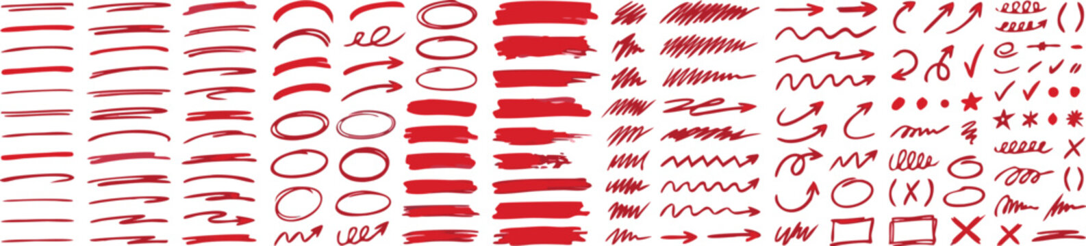 Red Hand Drawn Annotation Symbols and Arrows on White Background with Copy Space for Text