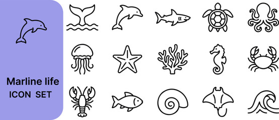 Obraz premium Marine life icons set, sea animals vector outlines in line art style
