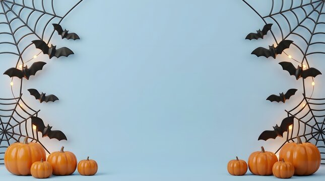 Halloween background with spider webs, bats and pumpkins