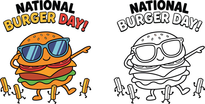 National Burger Day Cool Dabbing Cheeseburger Character with Dancing Fries Colored and Line Art Set