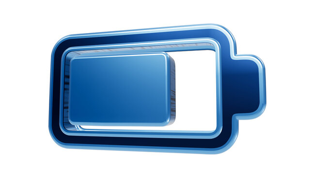 Low Battery Icon: A 3D rendering of a blue battery icon indicating low power, symbolizing depletion and the need for recharge.