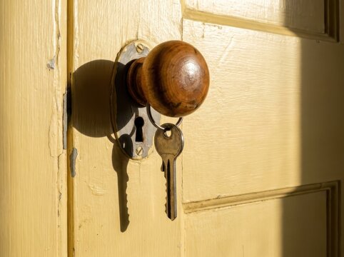 Secure entry with door handle key and wooden lock