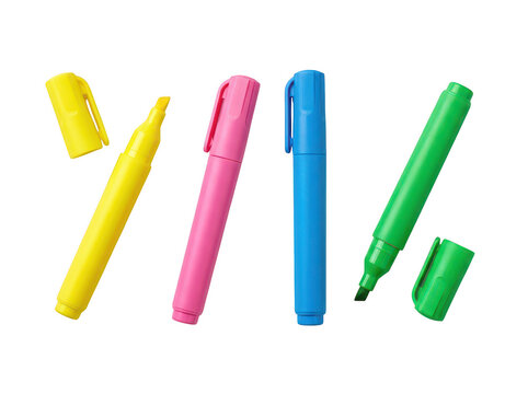 Set of colorful felt tip pens and markers in yellow pink blue and green