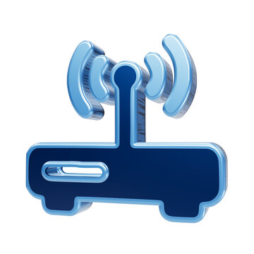 Wireless Router Icon: A 3D render of a sleek, blue wireless router icon with broadcasting signal waves, symbolizing connectivity and data transmission.