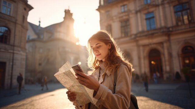 Ultra realistic travel documentary photograph of a young refugee woman standing in an unfamiliar European city, holding a folded paper map while