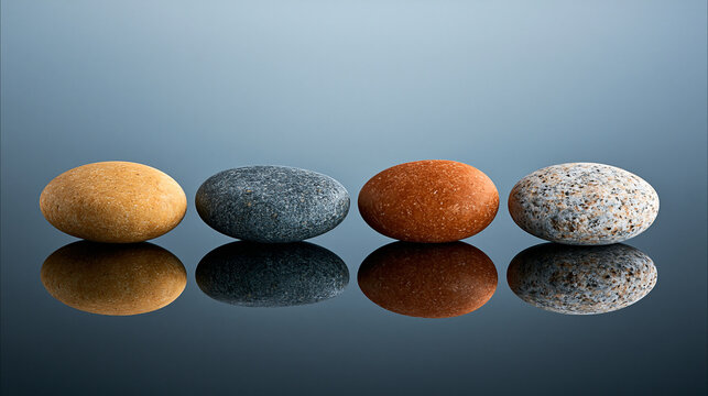 Four distinct colorful river stones arranged in a row with sharp reflections on a dark surface. Zen concept for meditation, balance, and spa wellness.