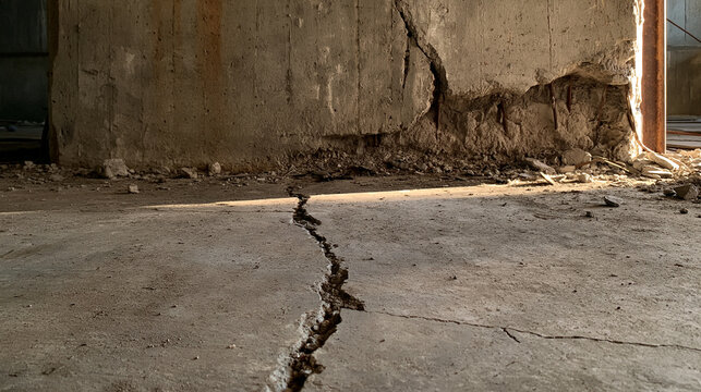 Severe structural damage with large cracks in a weathered concrete wall and floor. Conceptual image representing instability and earthquake safety hazards.
