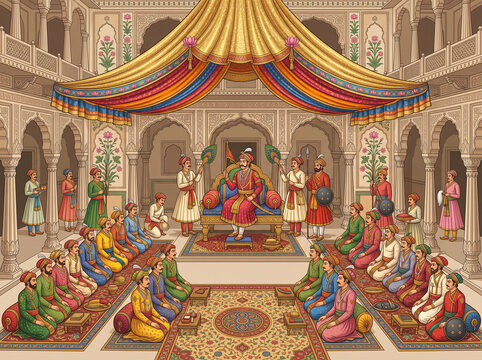 Rajput royal durbar with nobles beneath a golden canopy, 4k wall art decor for Indian heritage interiors
