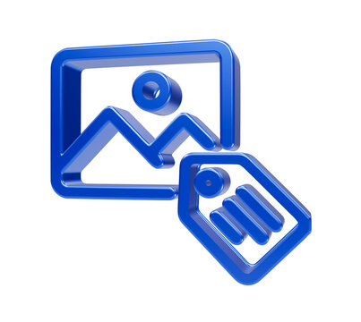 Image and Tag Icon: A blue 3D icon representing a picture frame and a tag, symbolizing image metadata, tagging, or content management.