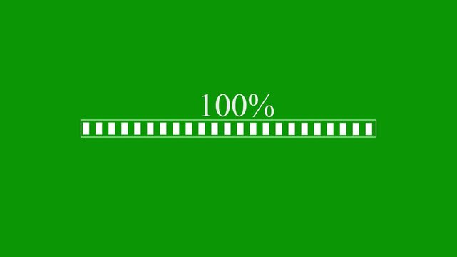 Digital white progress bar loading from 0 to 100 percent smoothly, modern download status indicator overlay animation, clean software buffering screen graphic on green background. 4k video