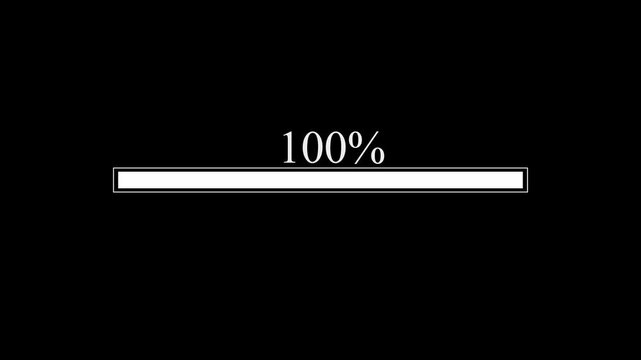 White minimal progress bar loading from zero to hundred percent, modern digital download status indicator animation, clean website buffer screen overlay graphic on black background. 4k video