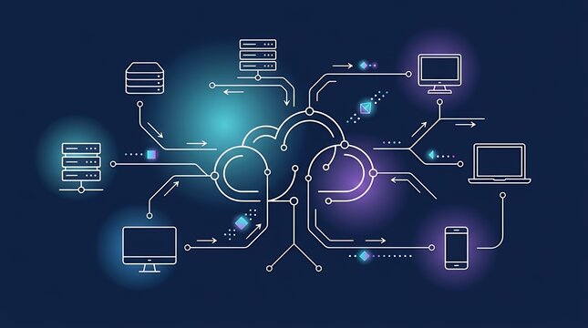 Modern Line ArtIllustration of Digital Network Structure for Data Transfer and Storage Concepts cloud network line art technology digital data storage transfer computing abstract modern