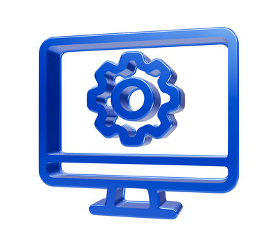 Blue computer monitor with gear icon