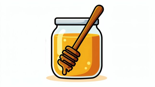 Honey jar featuring a wooden dipper inside filled with golden sweet nectar stands isolated on a white background.