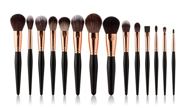 Professional makeup brushes set with black handles and rose gold ferrule arranged in a row on a pure white background beauty and cosmetics concept product photo