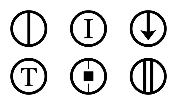 Set of 6 Circular Icons: Vertical Line, Letter I, Down Arrow, Letter T, Square, Double Vertical Lines, Minimalist Graphic Elements, Vector Symbols for UI and UX Design
