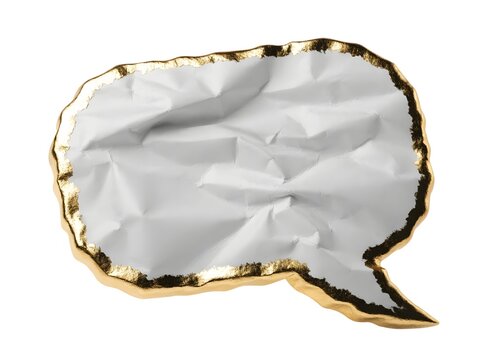 Crumpled gold speech bubble on white surface.